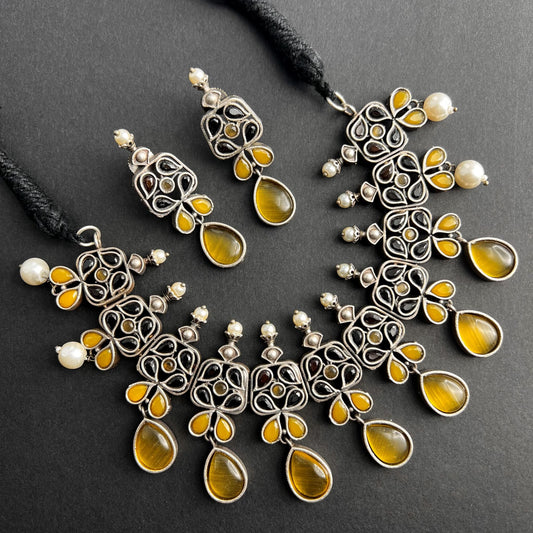 Fashion - Classic Style Yellow, Black Color Oxidized Necklace Set With Oxidized Silver Tone Plating