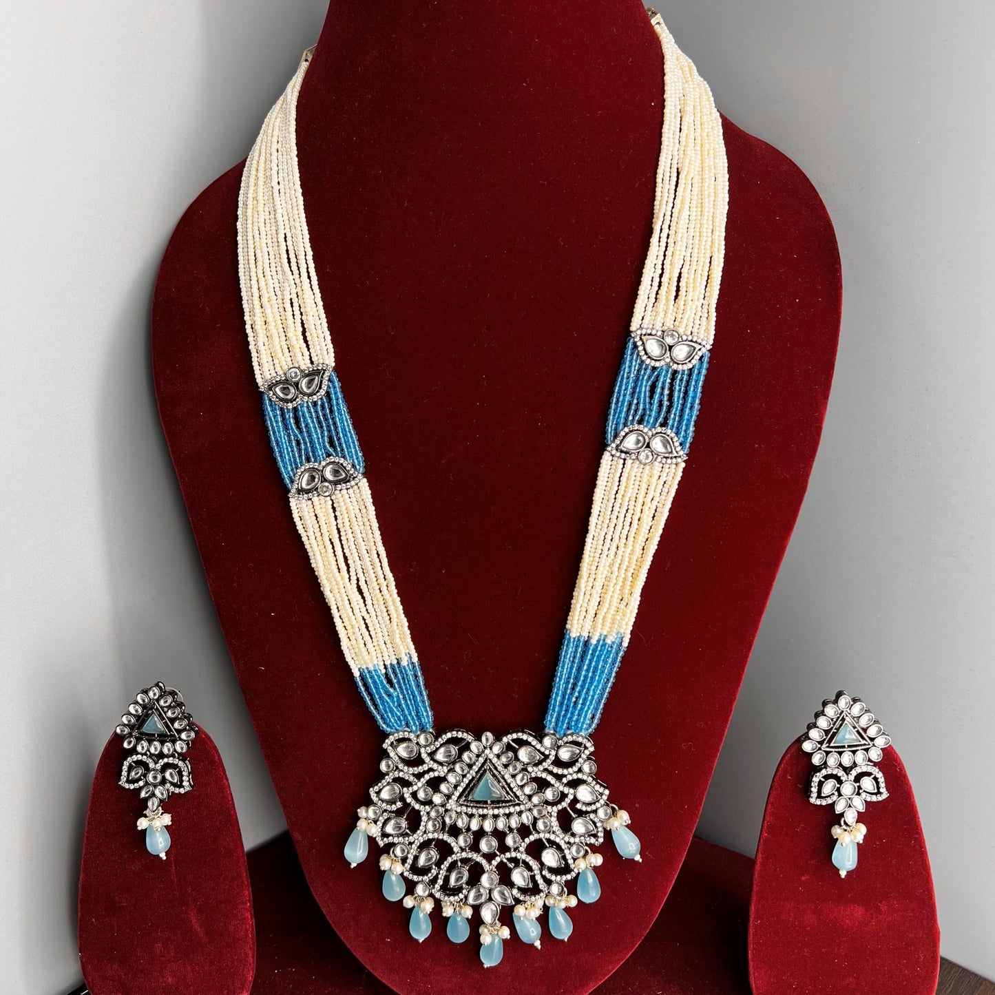 Fashion - Victorian Design Light Blue Oxidized, Bead Mix Necklace Set