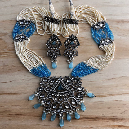 Fashion - Victorian Design Light Blue Oxidized, Bead Mix Necklace Set