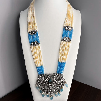 Fashion - Victorian Design Light Blue Oxidized, Bead Mix Necklace Set