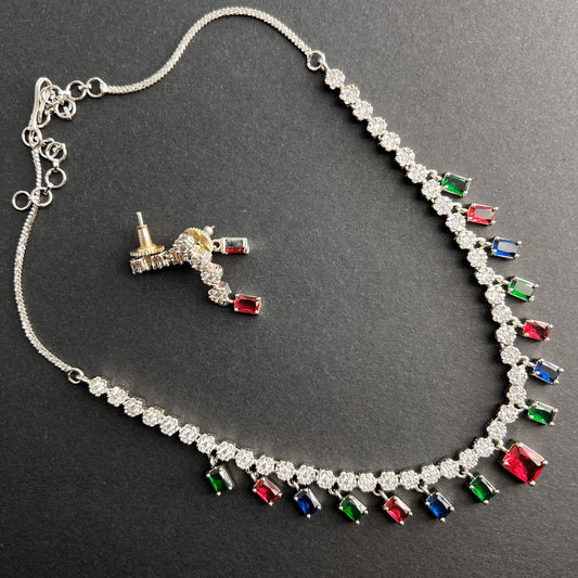 Fashion - Dainty Style Multi Color AD/CZ Necklace Set With Silver Tone Plating