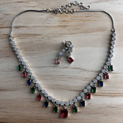 Fashion - Dainty Multi Color AD/CZ Stone Necklace Set