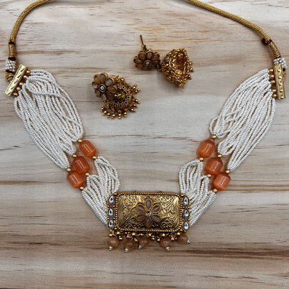 Fashion - Classic Peach Bead Mix Choker Necklace Set