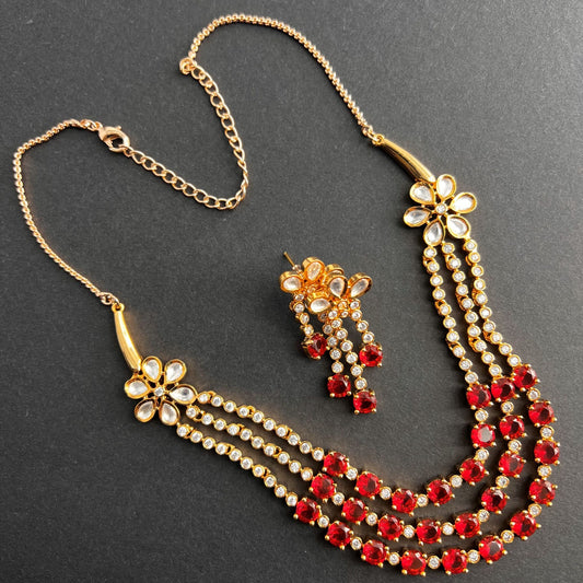 Fashion - Classic Style Red Color AD/CZ Necklace Set With Gold Tone Plating