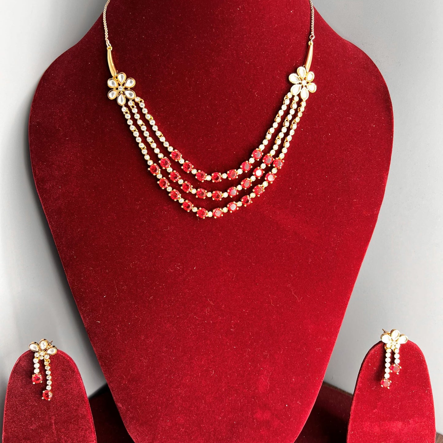 Fashion - Beautiful Red & White AD/CZ Stone Necklace Set