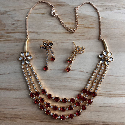 Fashion - Beautiful Red & White AD/CZ Stone Necklace Set