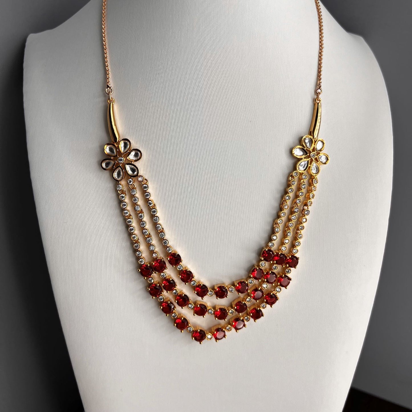 Fashion - Beautiful Red & White AD/CZ Stone Necklace Set