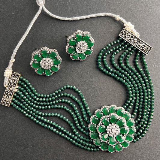 Fashion - Trendy Style Dark Green Color AD/CZ, Bead Mix Necklace Set With Black Plating