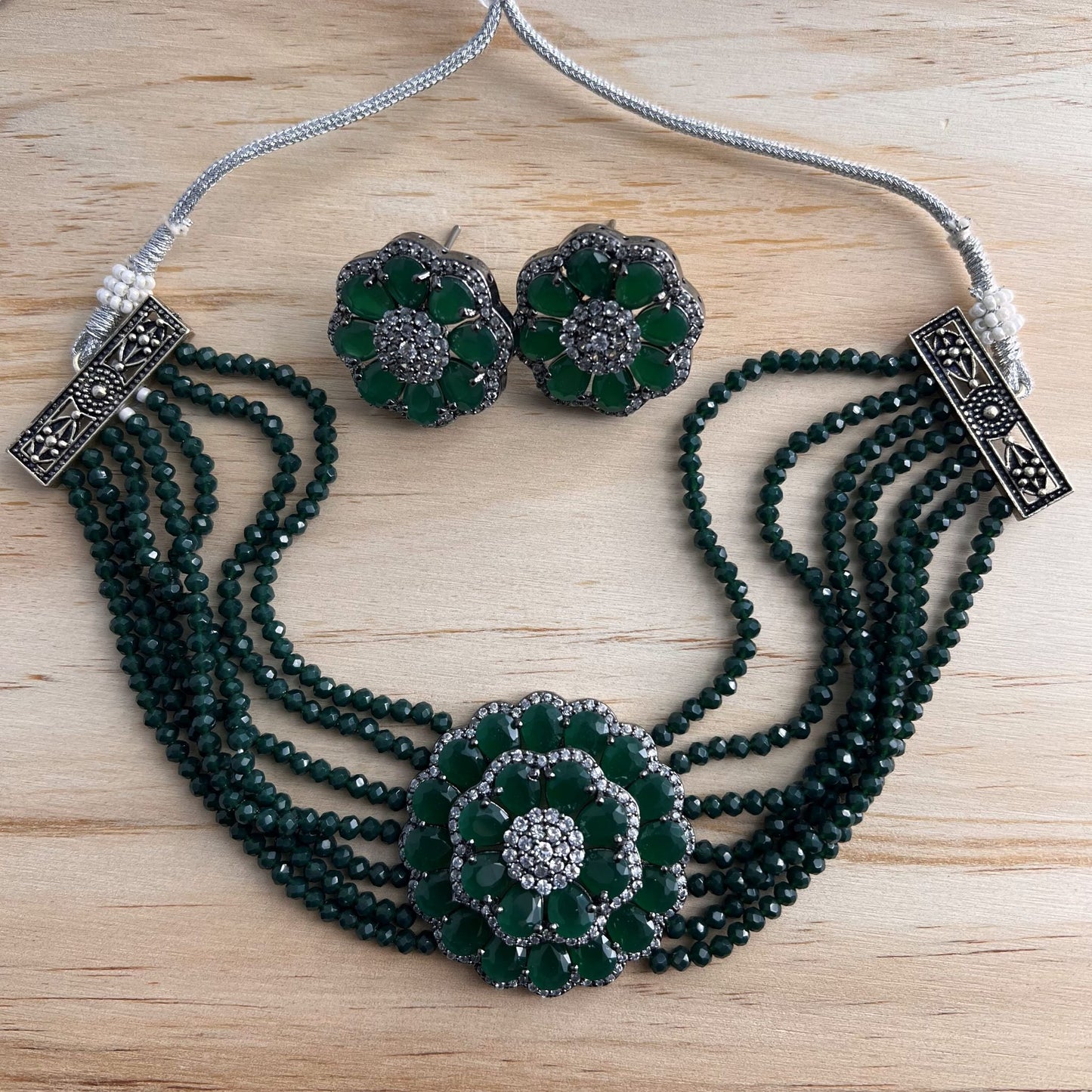 Fashion - Victorian Finish Floral Design Dark Green AD/CZ Stone, Bead Mix Choker Necklace Set