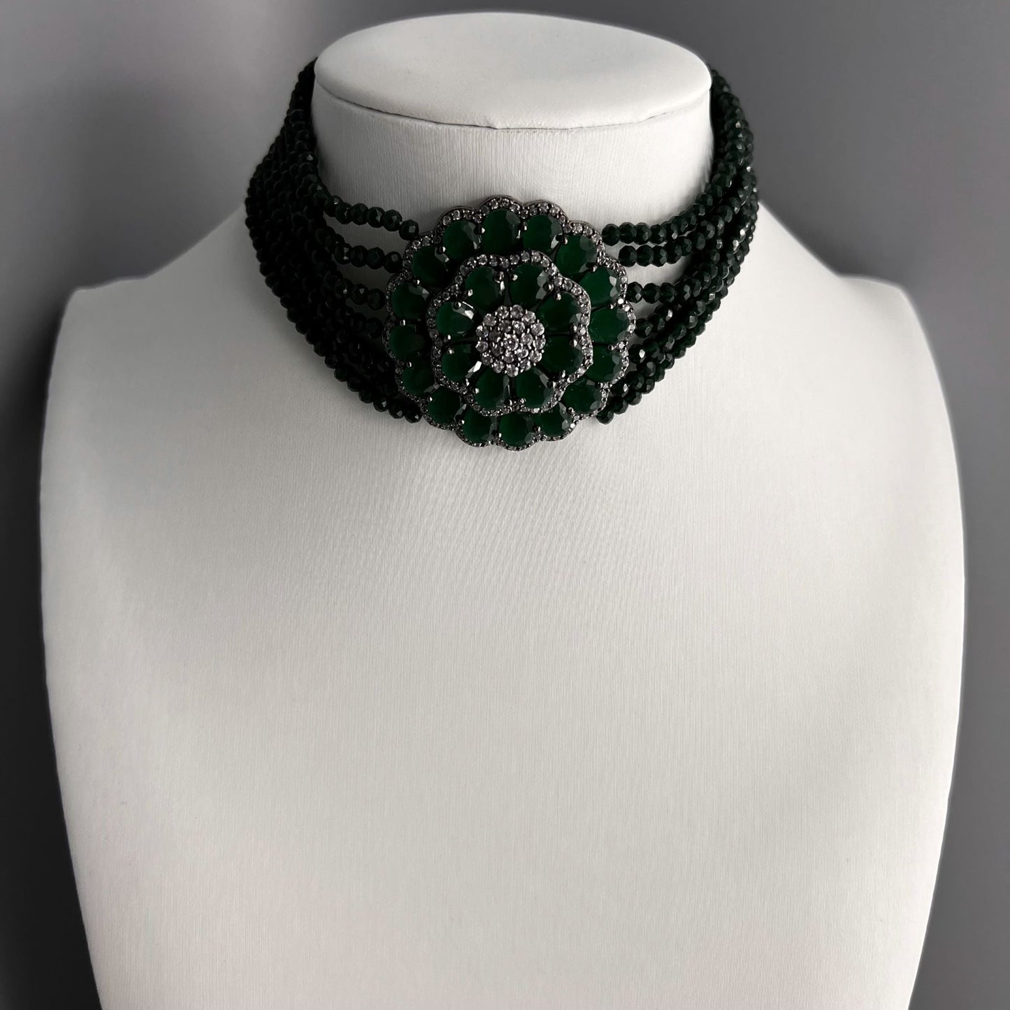 Fashion - Victorian Finish Floral Design Dark Green AD/CZ Stone, Bead Mix Choker Necklace Set