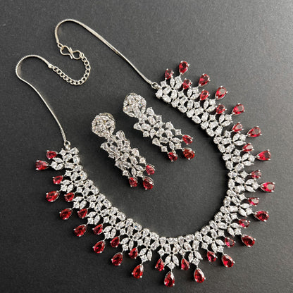 Fashion - Classic Style Red Color AD/CZ Necklace Set With Silver Tone Plating