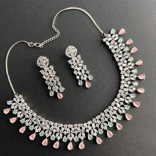 Fashion - Classic Style Pink, Mint Green Color AD/CZ Necklace Set With Silver Tone Plating