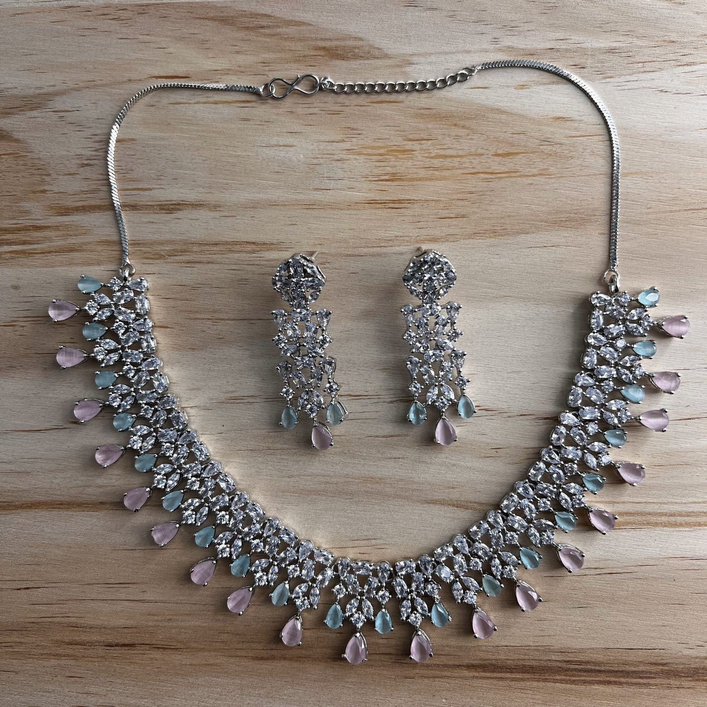 Fashion - Bestseller Pink & Mint Green AD/CZ Stone Necklace Set