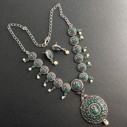 Fashion - Classic Style Green Color Oxidized Necklace Set With Oxidized Silver Tone Plating