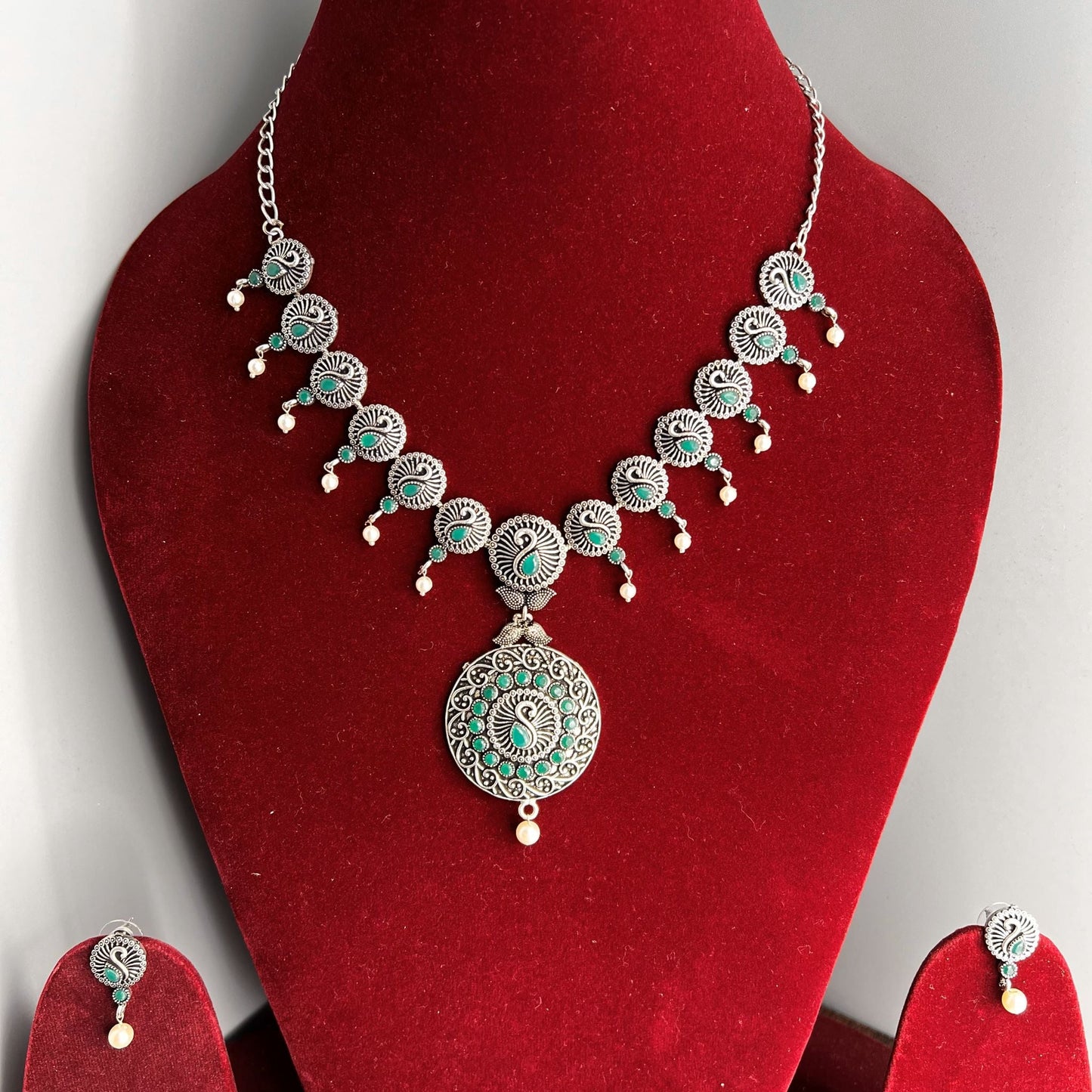 Fashion - Green Peacock Motifs Oxidized Necklace Set