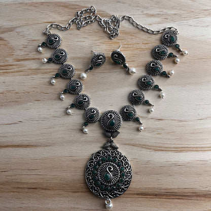 Fashion - Green Peacock Motifs Oxidized Necklace Set