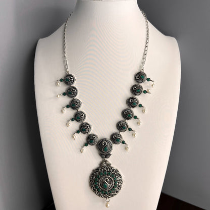 Fashion - Green Peacock Motifs Oxidized Necklace Set