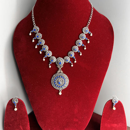 Fashion - Blue Peacock Motifs Oxidized Necklace Set