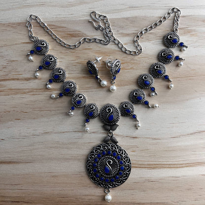 Fashion - Blue Peacock Motifs Oxidized Necklace Set