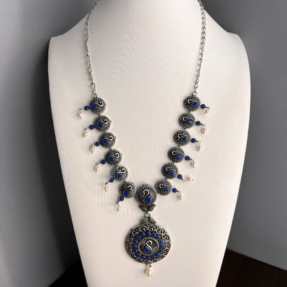 Fashion - Blue Peacock Motifs Oxidized Necklace Set