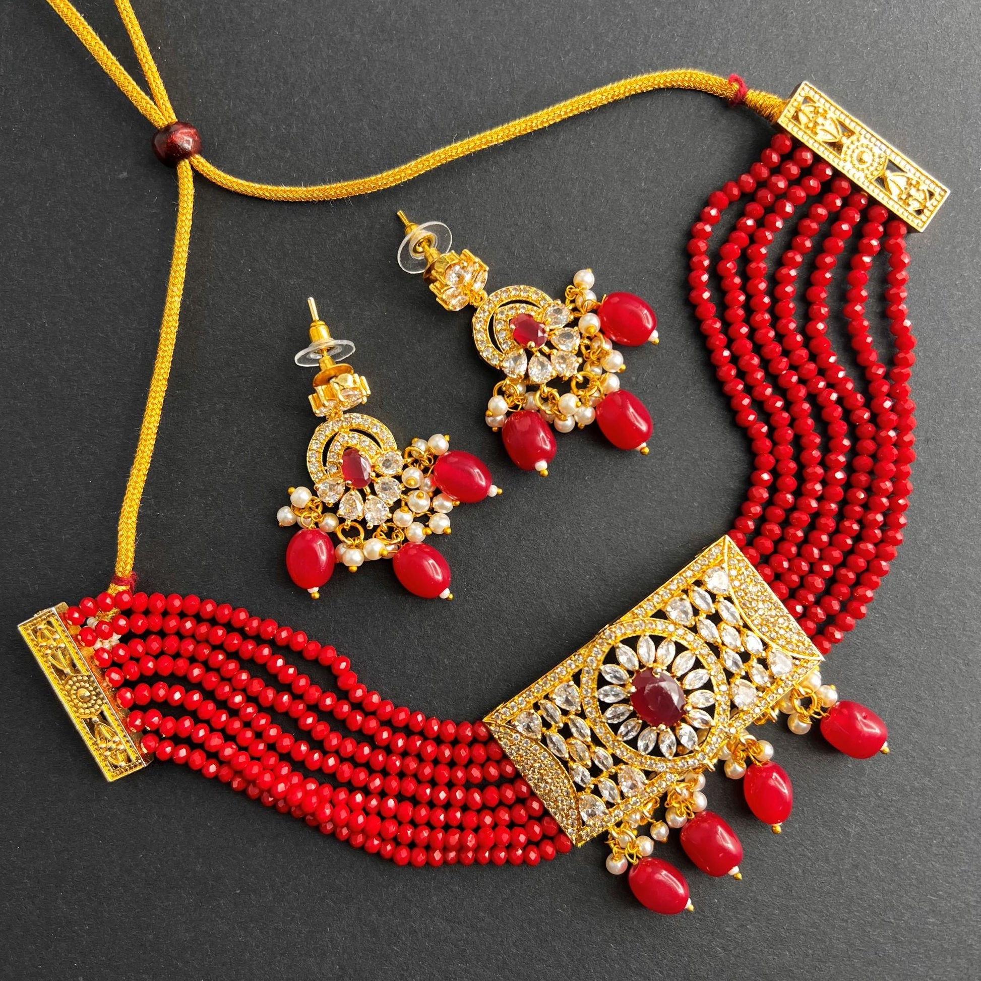 Fashion - Classic Style Red Color AD/CZ, Bead Mix Necklace Set With Gold Tone Plating