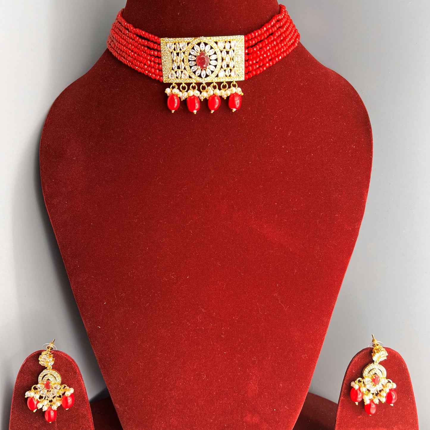 Fashion - Eye Catching Bright Red Beads With AD/CZ Stone, Bead Mix Choker Necklace Set