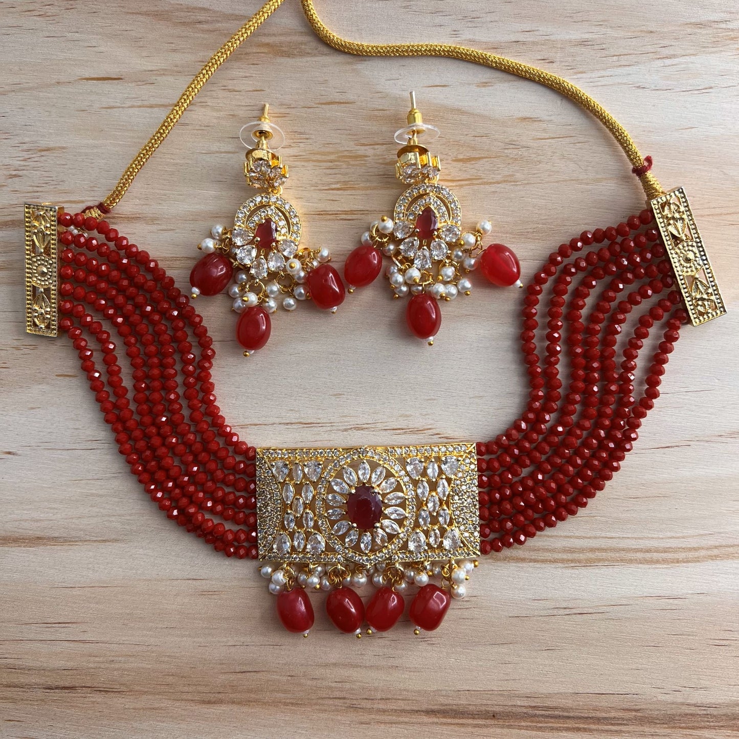 Fashion - Eye Catching Bright Red Beads With AD/CZ Stone, Bead Mix Choker Necklace Set