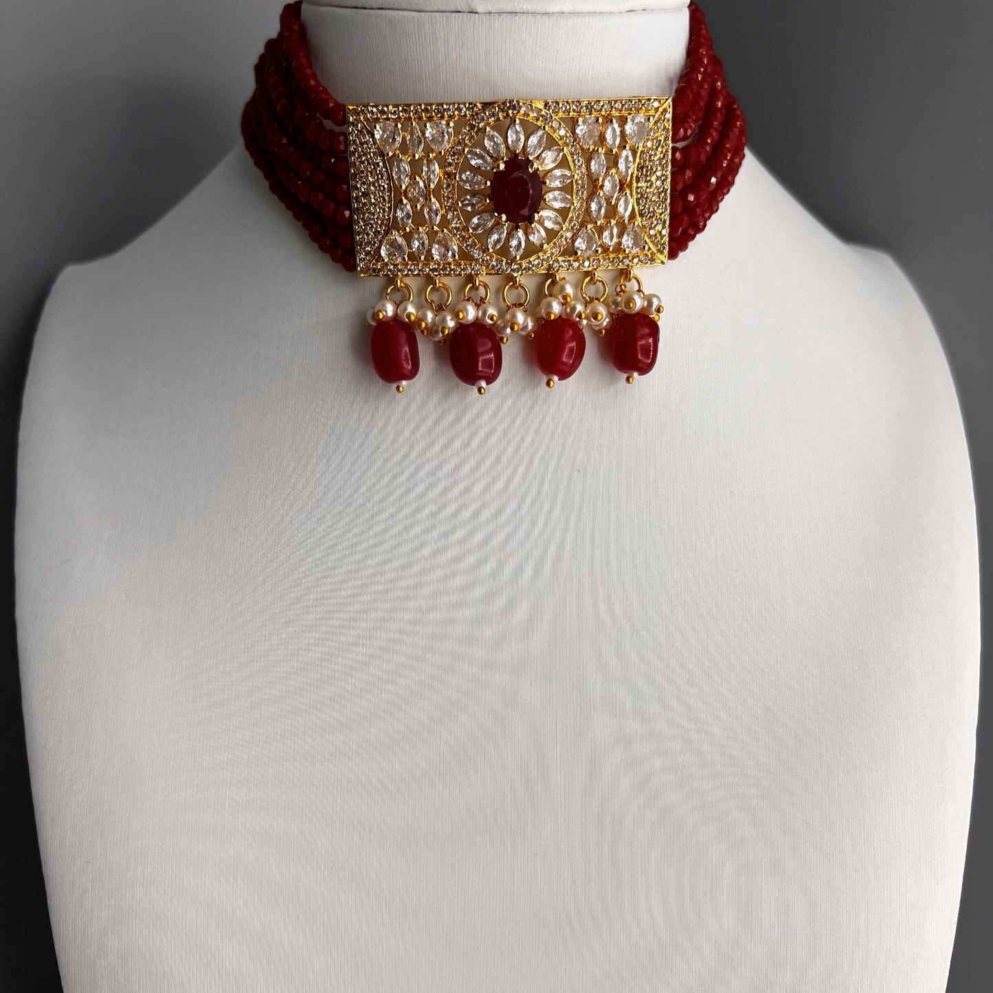 Fashion - Eye Catching Bright Red Beads With AD/CZ Stone, Bead Mix Choker Necklace Set