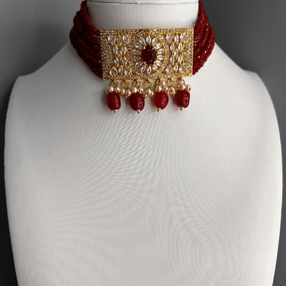 Fashion - Eye Catching Bright Red Beads With AD/CZ Stone, Bead Mix Choker Necklace Set