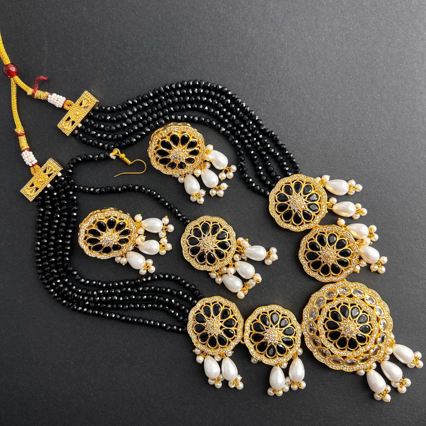 Fashion - Festive Style Black Color AD/CZ, Bead Mix Jewelry Set With Gold Tone Plating