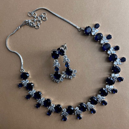 Fashion - Dainty Style Indigo Blue Color AD/CZ Necklace Set With Silver Tone Plating