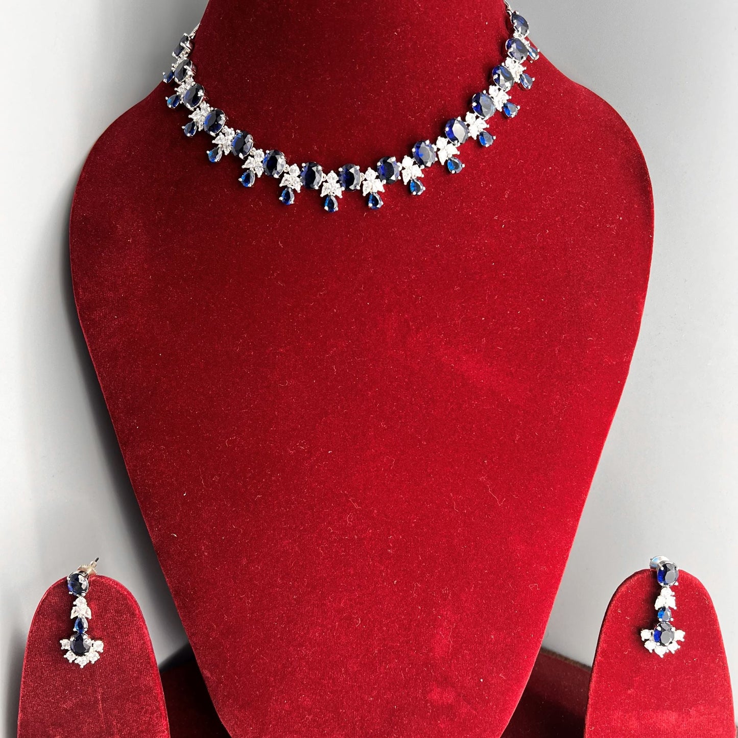 Fashion - Attractive Indigo Blue Color AD/CZ Stone Necklace Set