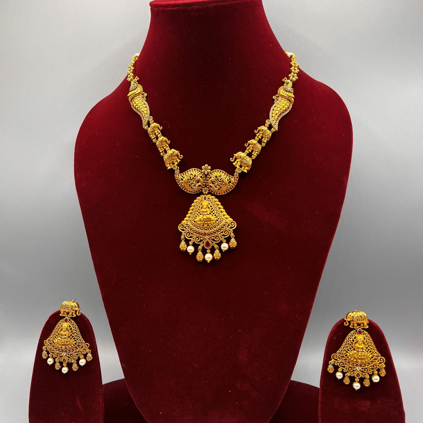 Fashion - Gold Replica Goddess Lakshmi With Peacock Design Antique Traditional Necklace Set