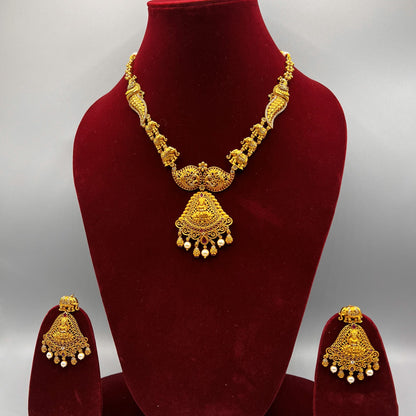 Fashion - Gold Replica Goddess Lakshmi With Peacock Design Antique Traditional Necklace Set