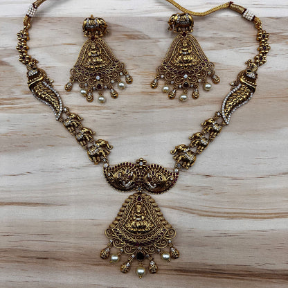 Fashion - Gold Replica Goddess Lakshmi With Peacock Design Antique Traditional Necklace Set