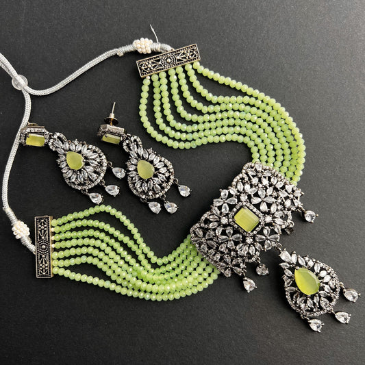 Fashion - Classic Style Parrot Green Color AD/CZ, Bead Mix Necklace Set With Black Plating