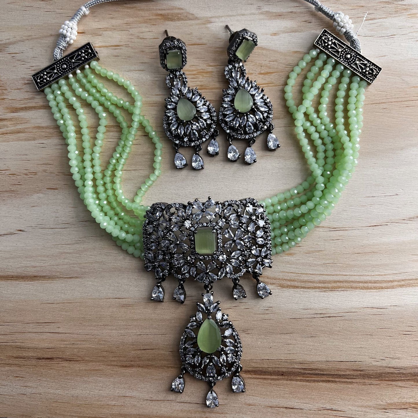 Fashion - Victorian Finish Parrot Green AD/CZ Stone, Bead Mix Necklace Set