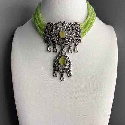 Fashion - Victorian Finish Parrot Green AD/CZ Stone, Bead Mix Necklace Set