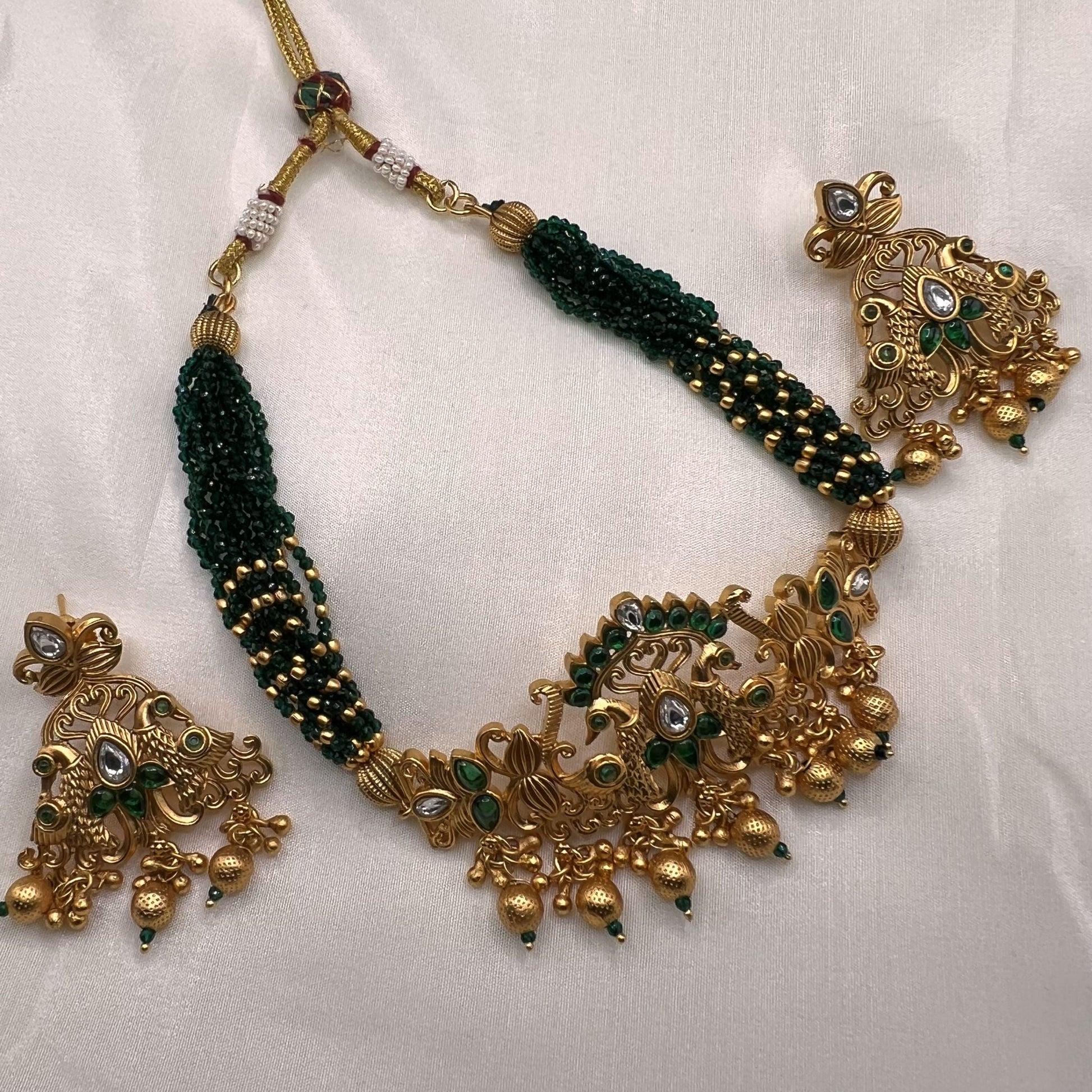 Fashion - Peacock Design Classic Style Green Color Antique Traditional, Bead Mix Necklace Set With Matte Gold Tone Plating