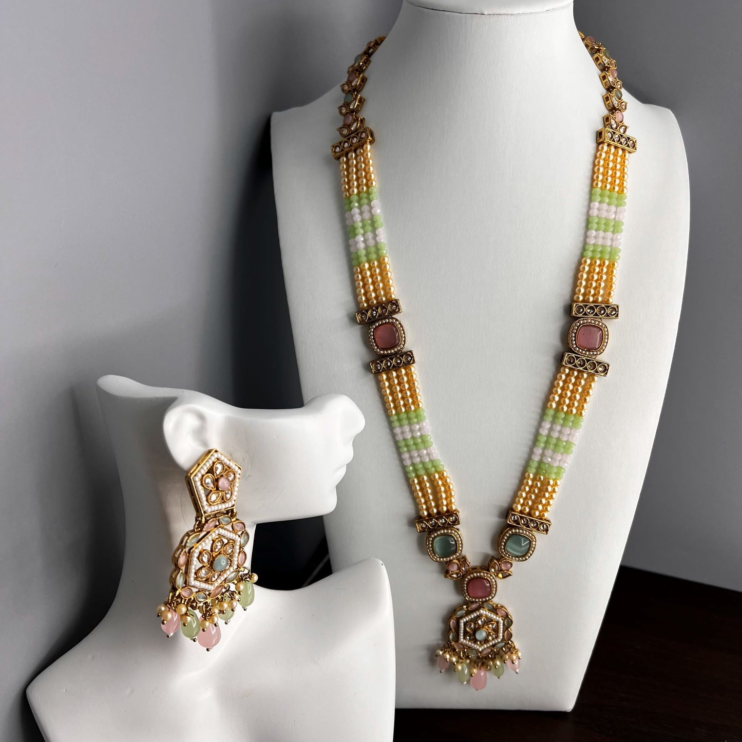 Fashion - Mint Green & Pink Color Monalisa Stone, Bead Mix Long Necklace Set