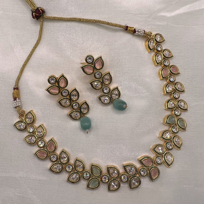 Fashion - Dainty Style Mint Green, Pink Color Antique Traditional Necklace Set With Gold Tone Plating