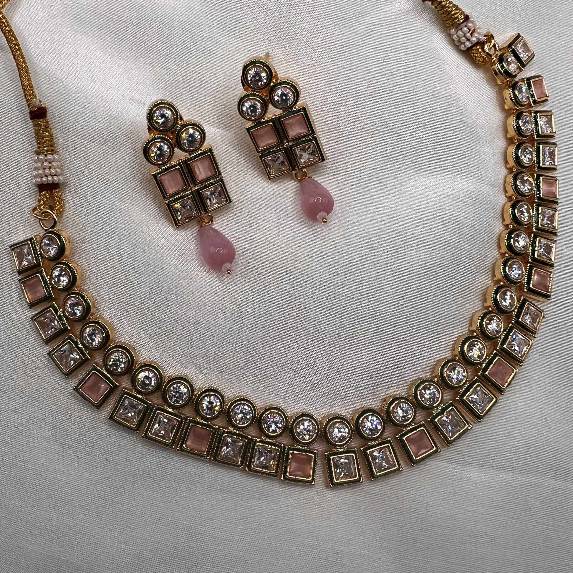 Fashion - Dainty Style Pink Color Antique Traditional Necklace Set With Gold Tone Plating