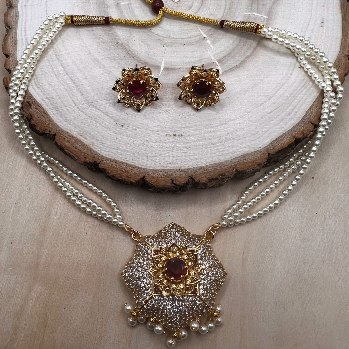 Fashion - Tanmani Design 3 Strand Pearl, Ruby Pink & White Antique Traditional, Bead Mix Necklace Set