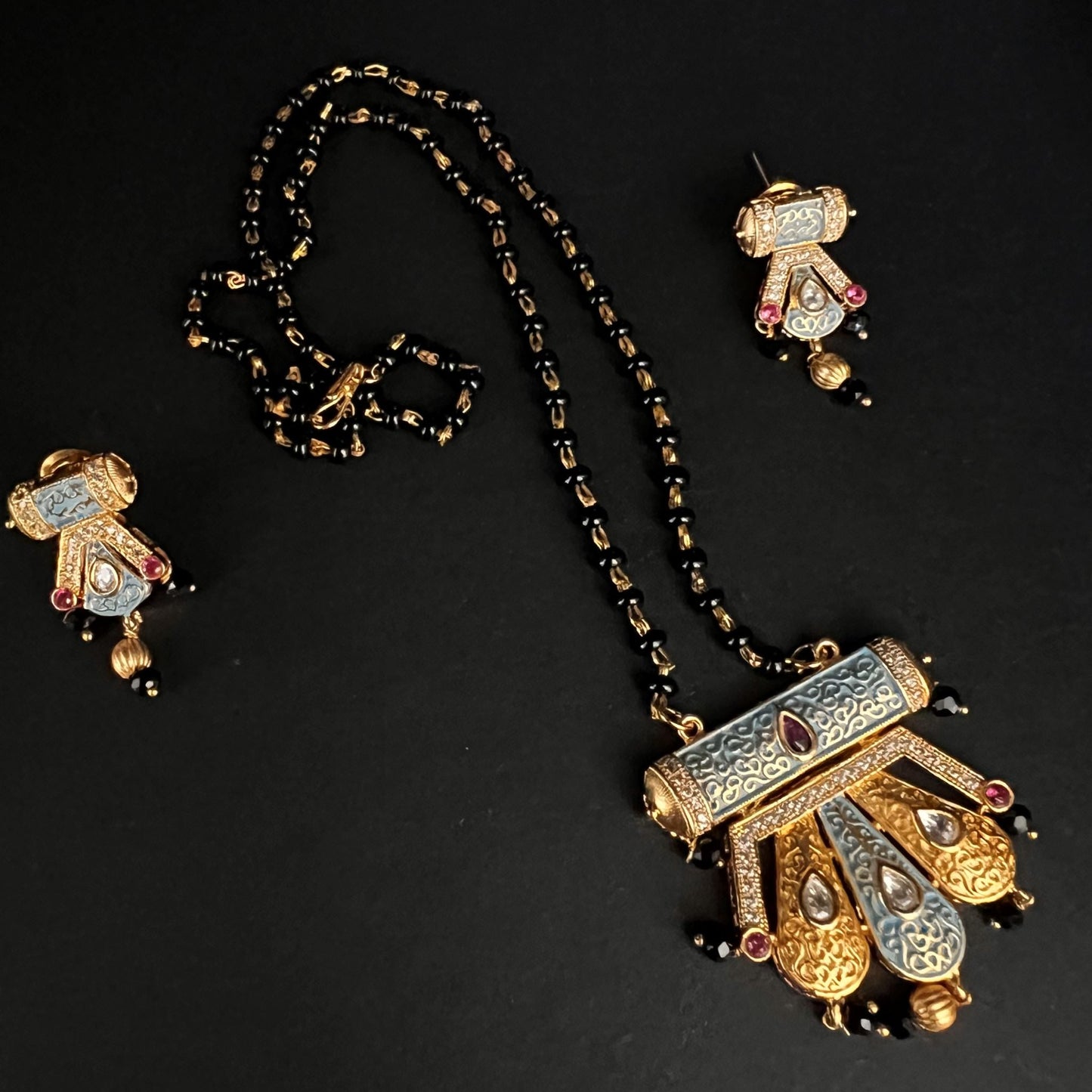 Fashion - Meenakari Dainty Style Aqua Blue Color Kundan, Mangalsutra Necklace Set With Gold Tone Plating