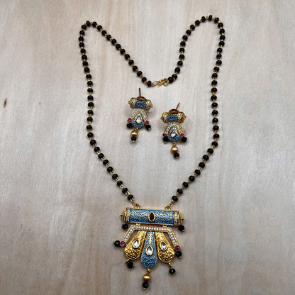 Fashion - Meenakari Enamel Work Aqua Blue Kundan, Mangalsutra Necklace Set