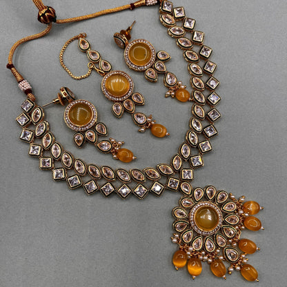 Fashion - Designer Festive Style Yellow Color Monalisa Stone Necklace Set With Gold Tone Plating