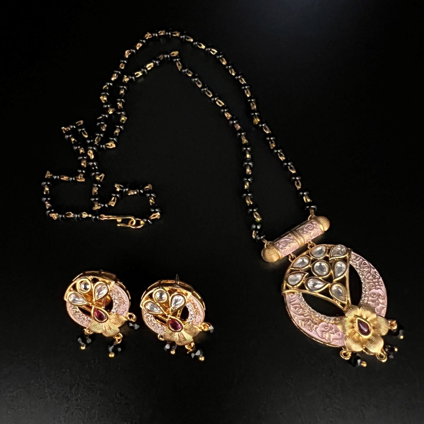 Fashion - Meenakari Dainty Style Pink Color Kundan, Mangalsutra Necklace Set With Gold Tone Plating