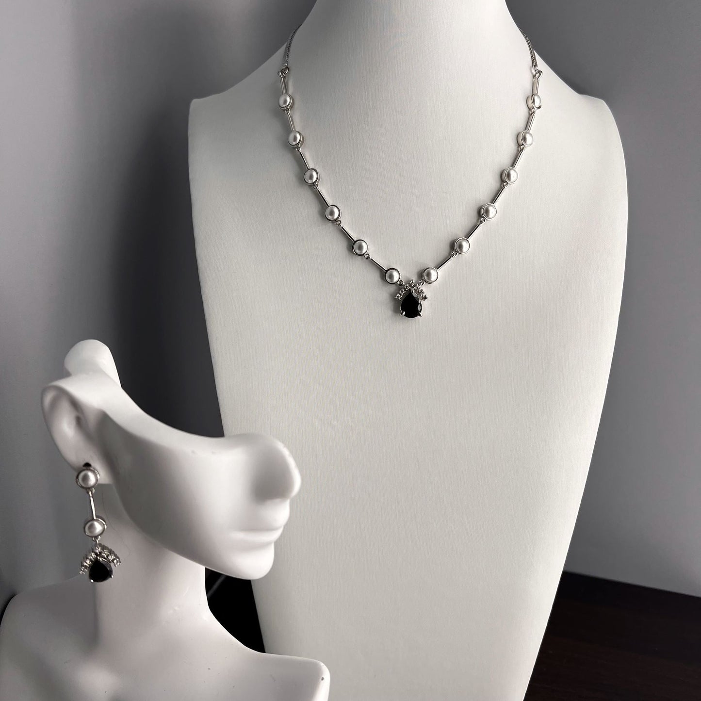 Fashion - Designer Minimalist Pearl & Black AD/CZ Stone Necklace Set