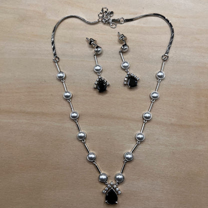 Fashion - Designer Minimalist Pearl & Black AD/CZ Stone Necklace Set