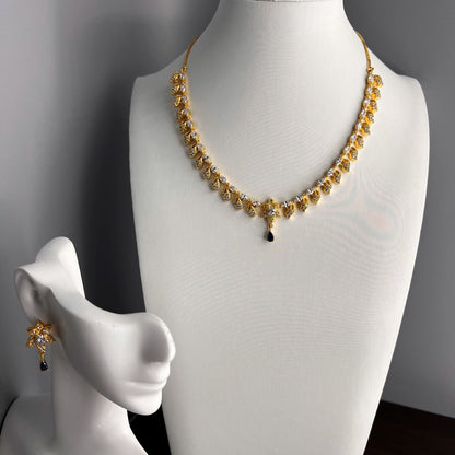 Fashion - Simplistic Leaf Motifs & Navy Blue AD/CZ Stone Necklace Set